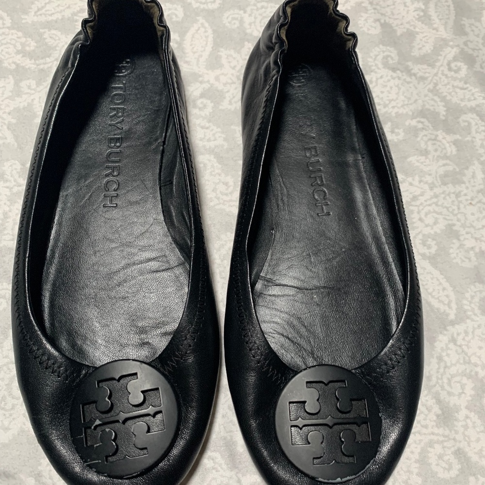 Tory Burch Minnie Travel Black Leather Size 8M Ballet Flats